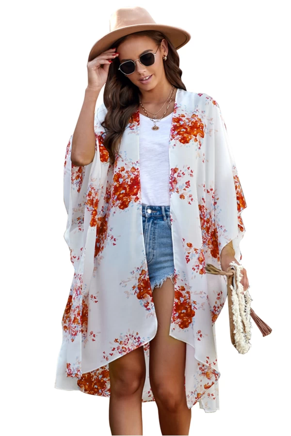 Orange Floral Kimono Sleeves Chiffon Open Front Cover Up Dress